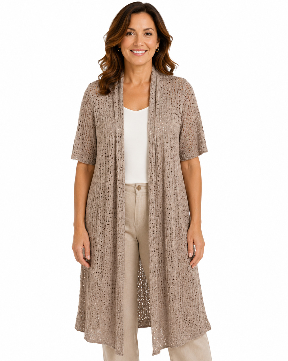 Chicos Pointelle Beige 100% Cotton Open Cardigan Lightweight Sweater sz 2 / L